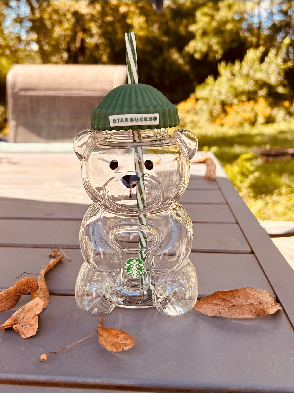 NWT! Viral Iced Coffee Bear Glass Tumbler w/Straw & Green Beanie - 20 oz